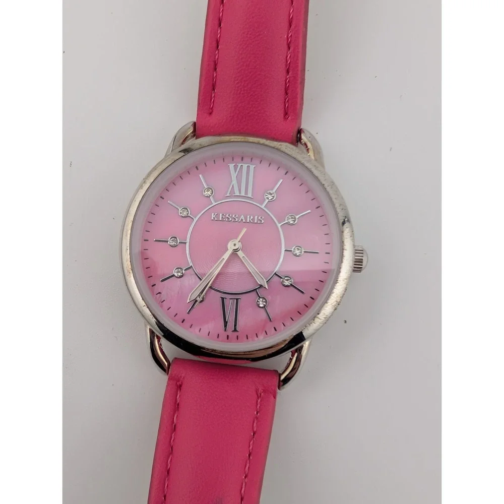 Kessaris Watch Women 35mm Silver Case Pink MOP Dial Pink‎ Band- New Battery